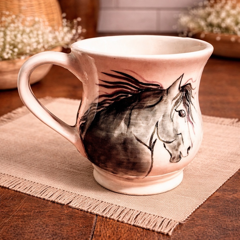 Horse Mug Vintage M Stamped Stoneware Blue‎ & White Equestrian Horse Coffee Mug